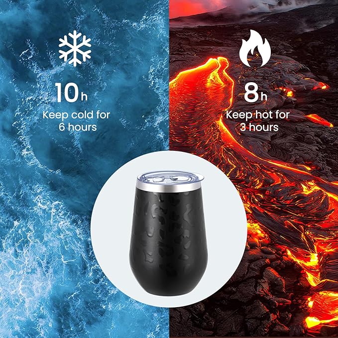 MEWAY 12oz Insulated Wine Tumbler Set of 8 - Double Wall Stainless Steel Stemless Wine cups Glasses with Lids, Gift for Family and Gifts, Prizes for adults(Black Leopard,Set of 8)