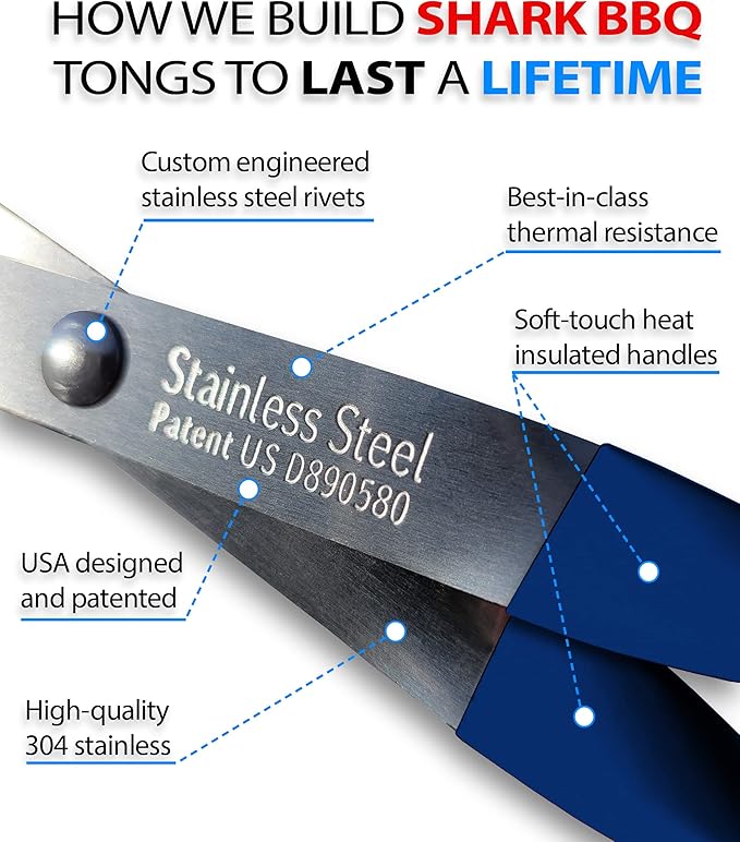 Shark BBQ Grill Tongs - 2-Pack, Great Value - 17" & 13" Professional Kitchen and Outdoor Grilling Utensil Set (Blue)