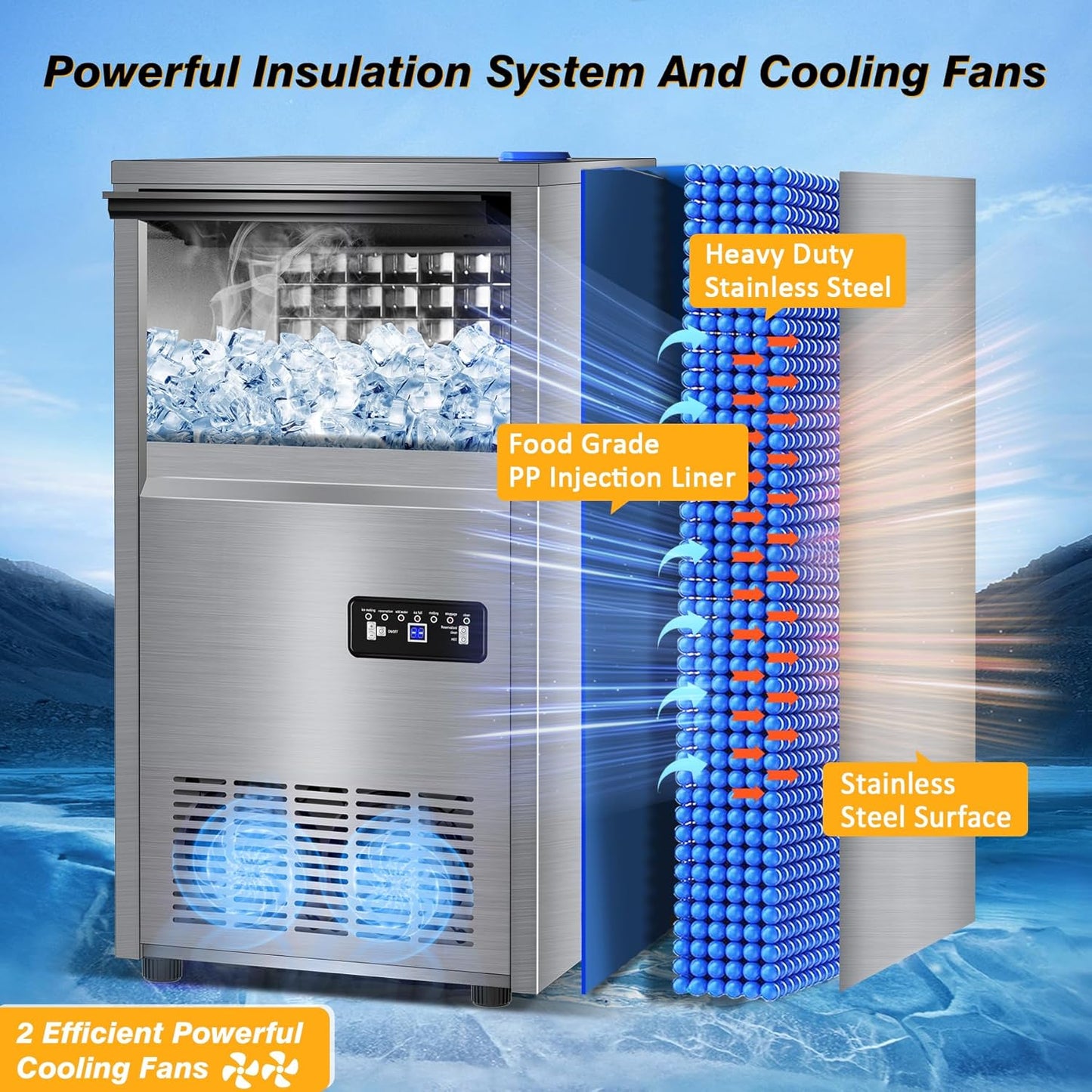Commercial Ice Maker Machine, 140 lbs/24H with 40 lbs Storage Bin, Built in Ice Machine with 2-Water Inlet Options, Stainless Steel Under Counter Freestanding Ice Maker for Home, Bar, and Restaurant