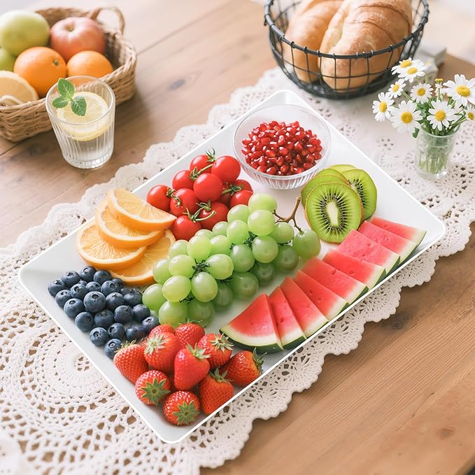 6-Pack Serving Tray for Parties, Serving Platter in 3 Sizes for Entertaining, Food Display, Plastic Trays for Cookies, Stackable Rectangular Platters for Family(White)