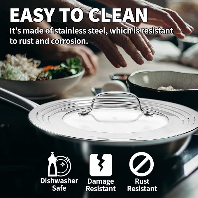 Universal Lids Set with Tempered Glass Top - Fits 5-12 Inch Pots, Pan, and Skillets - Set of 2, Large and Small, Stainless Steel Replacement Pot Lid for Kitchen Organizing, Space Saving