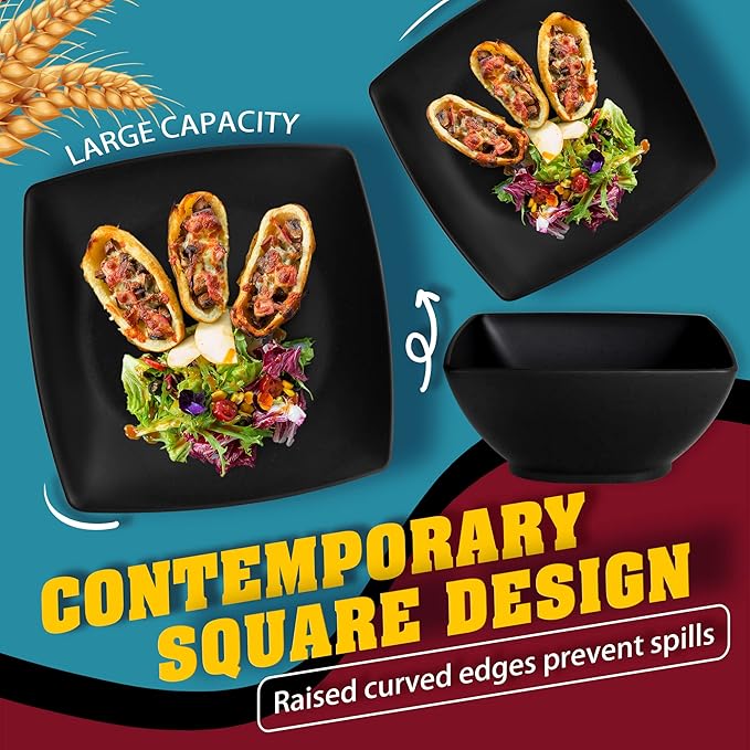 Teivio 16-piece Plastic Wheat Straw Square Dinnerware Set for 4, Unbreakable Dinner Plates, Salad Plates, Snack Bowls, Tumblers 13.5 oz, Dishwasher Safe, Kitchen Outdoor Camping,Black
