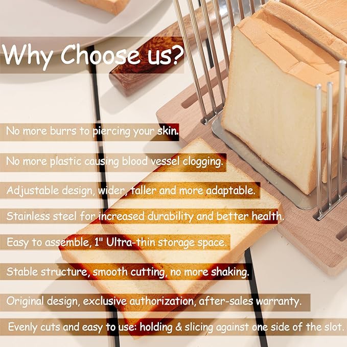 Bread Slicer, Stainless Steel Bread Slicer for Homemade Bread,Adjustable Bread Slicing Guide with Beechwood Bread Cutting Board for Loaf,Bagels & Baguette, Durable and Stable Wooden Structure