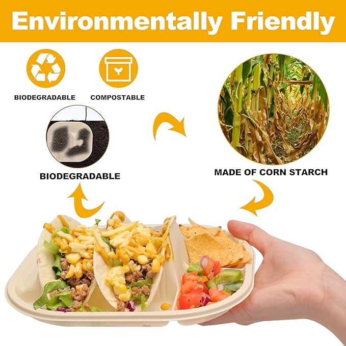 Small Disposable Taco Plates With Dipping Sides - 20 Pack, Biodegradable Cornstarch Taco Holder, Mini Size Fit 4-6 Inch Street Tortilla Shells, Sturdy & Microwave Safe, Bar Serving Set For A Party