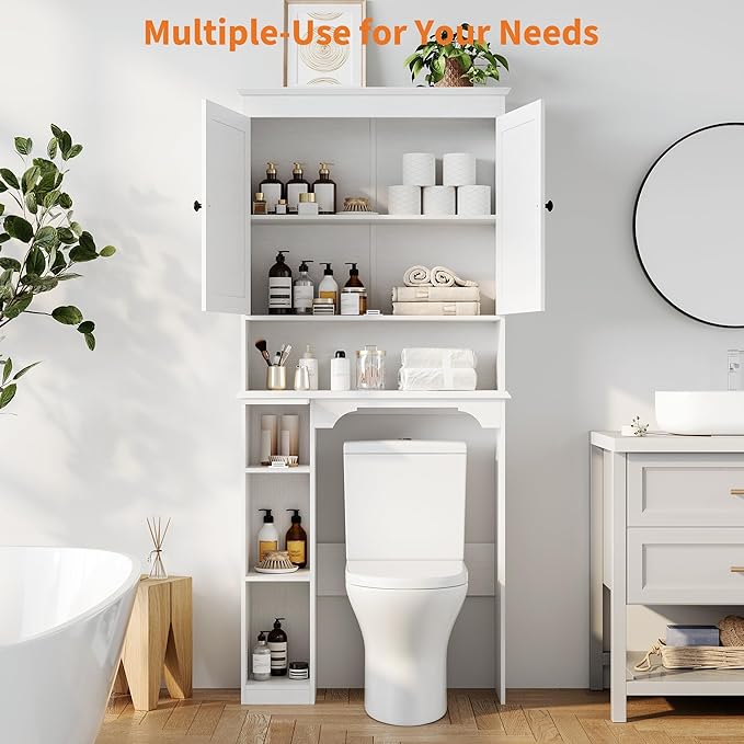 IDEALHOUSE 23.6 Inches Wide Toilet Rack with Over The Toilet Storage Cabinet, Bathroom Shelf Organizer with Anti-Tip Device, Small Freestanding Space Saver with Adjustable Shelf (White 30" W)