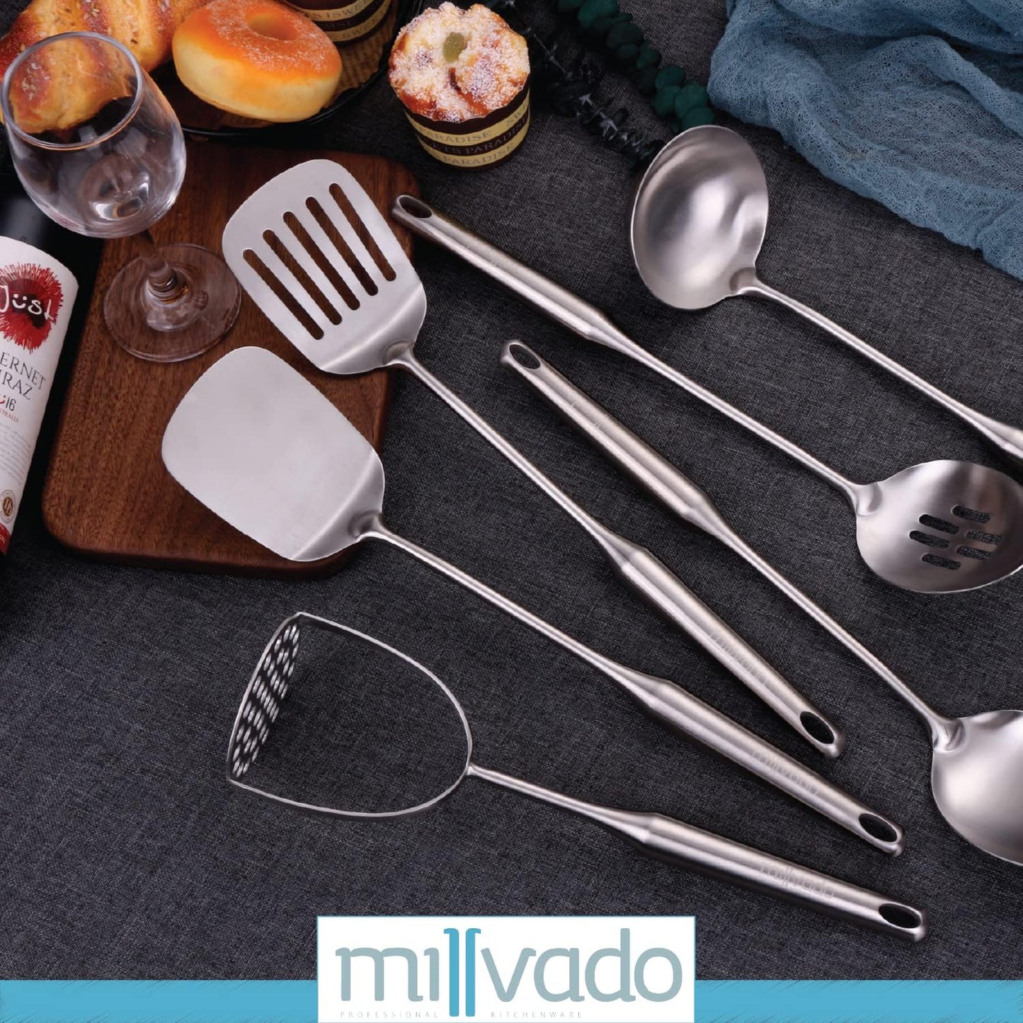 Stainless Steel Kitchen Utensil Set, Cooking Utensils, Set of 6 Kitchen Tools, Solid Spoon, Slotted Spoon, Solid Turner, Slotted Turner, Soup Ladle, Potato Masher, Dishwasher Safe