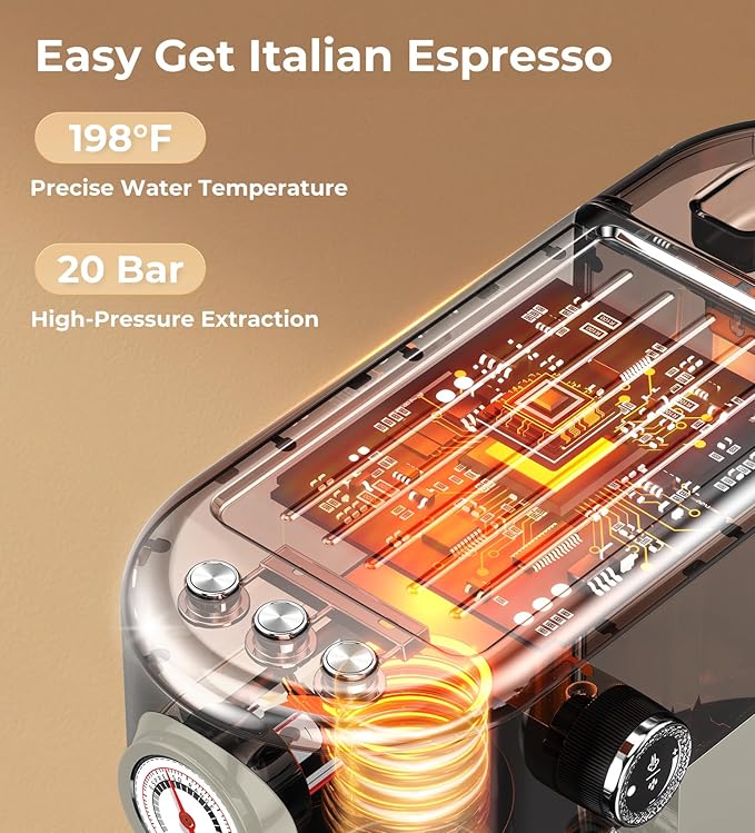 atatix 20 Bar Espresso Machine with Milk Frother, Compact Espresso Maker, Stainless Steel Coffee Machine with Precise Temp Control & 44oz Removable Water Tank for Latte, Cappuccino, Light Grey