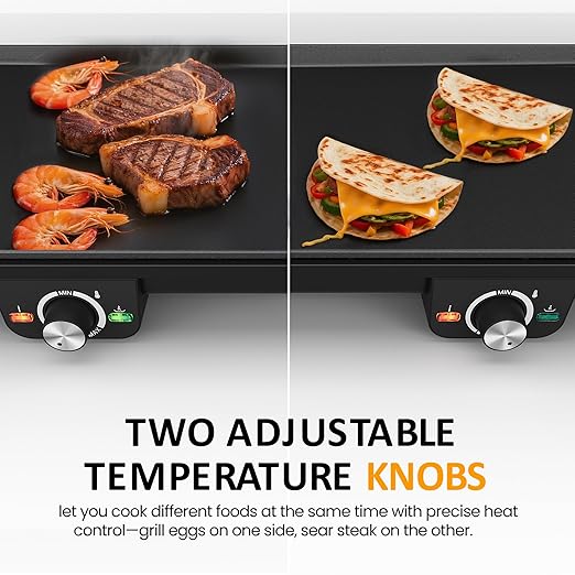 Electric Griddle Indoor, 1600W Large Flat Top Grill with 17.5" x 9" Nonstick Plates, 2 Cooking Zone with Adjustable Temp, Pancake Egg Maker with Drip Tray, Indicator Light