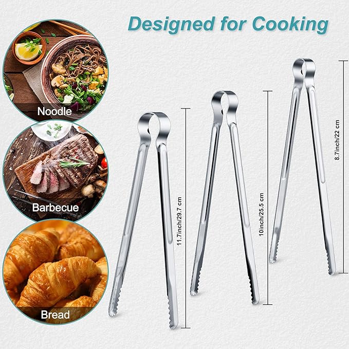 Chengu 3 Pieces 8.7 Inch,10inch,11.7inch Kitchen Tongs Set Stainless Steel Tongs Buffet Tongs Metal Utility Cooking Tong for Cooking Serving Barbecue Thanksgiving Halloween Christmas