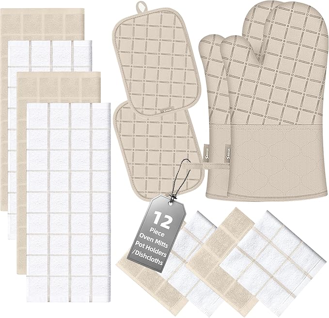 Oven Mitts Pot Holders Sets/Kitchen Towels and Dishcloths, Oven Gloves Kitchen Dish Towels 500 Degree Heat Resistant Potholders with Non-Slip Silicone Surface for Cooking, Grilling, Baking-Milkshake