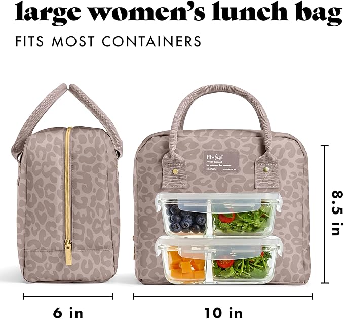 Fit & Fresh Bloomington Lunch Bag for Women - Insulated Large Lunch Box for Work with Containers, Leak-Resistant, Stain-Resistant, Zipper Closure, Mocha Feline Fine