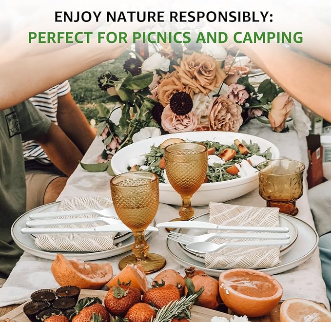 100% Compostable Spoons 180 Count Disposable Spoons Utensils Set Heavy Duty Spoons Silverware Eco Friendly Flatware for Party Camping Picnics Wedding-Ivory White
