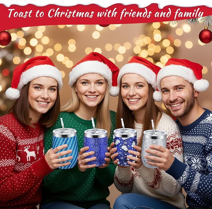 Sliner 4 Pack Pack Christmas Glitter Tumbler Bulk, 12 oz Holiday Wine Tumbler Set Stainless Steel Insulated Sparkling Glitter Cup with Lids Straws and Brushes Travel Mug Xmas Gift (Fresh Style)