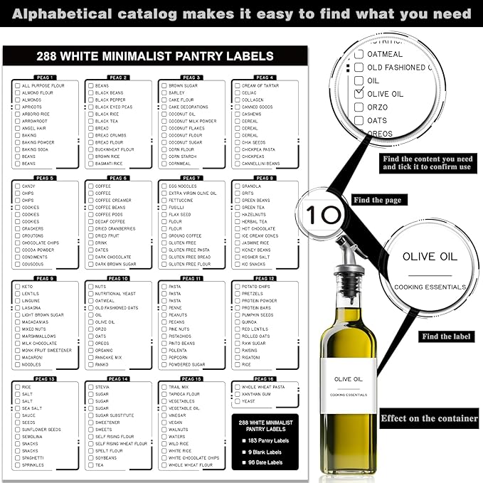 288 Pantry Labels for Food Containers, Preprinted Minimalist Waterproof Stickers for Organizing Storage Bins, Jars and Kitchen