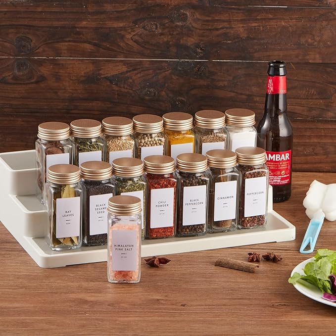 48 Pcs Spice Jars with Label- Glass Spice Jars with Gold Metal Caps,Shaker Lids, Funnel, Chalk Pen,Skiileor 4oz Seasoning Containers Bottles for Spice Rack, Cabinet, Drawer