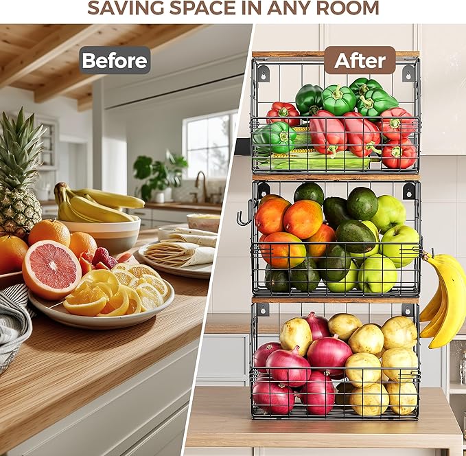 Delamu Stackable Metal Fruit Basket with Wood Lid 3 Pack, Hanging Wall Organizer for Kitchen Counter, Pantry Storage for Onions, Potatoes, Garli, Fruits, Spices, Black
