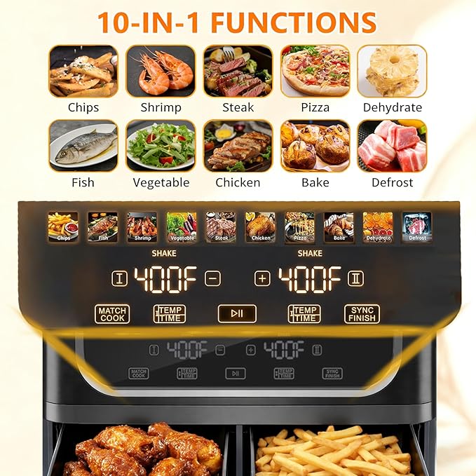 Simple Deluxe 9.5-Qt Dual Basket Air Fryer, 10-in-1 Digital Preset 1700W Airfryer, Sync Cook, Independent Temp Control, Shake Reminder, Nonstick Basket, Black