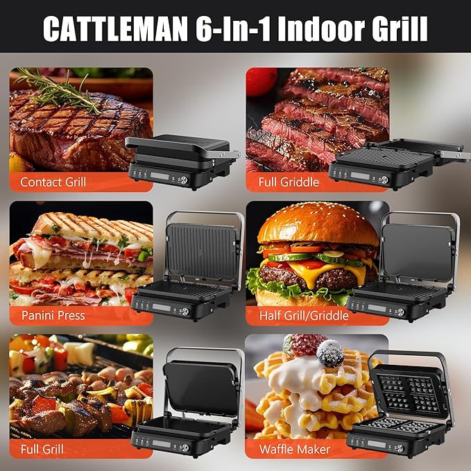 CATTLEMAN Panini Grill Press Sandwich Maker with Removable Plates, 1600W, 6 in 1 Waffle Maker & Electric Indoor Grill with Meat Thermometer, PFAS Free Ceramic Nonstick Reversible Plates, Opens Flat