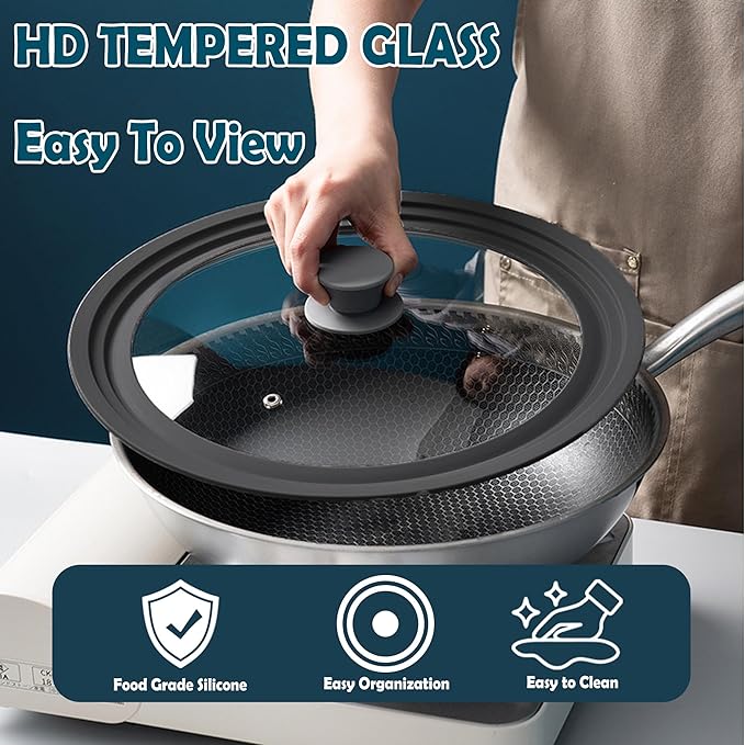 Universal Lid for Pots Pans and Skillets, 11&12&13 inch, Diameter Cookware, Silicone Replacement Pan Lid Pot Lids for Frying Pans, Cast Iron,Tempered Glass Lid