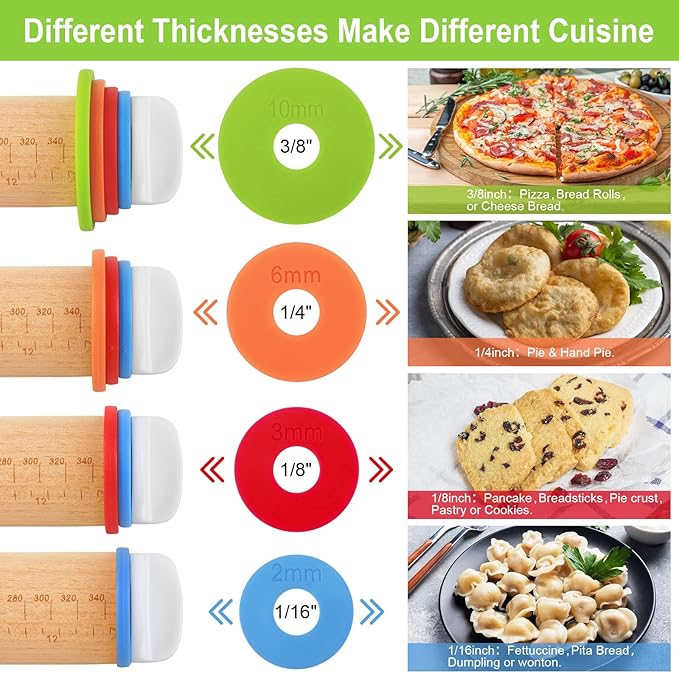 Wood Rolling Pin with Thickness Rings, Adjustable Wooden Rolling Pins for Baking, Dough Roller Pins for Cookie Pastry Tools Cake Baker, Fondant Roller for Decorating Bakery Supplies Kitchen Gadgets