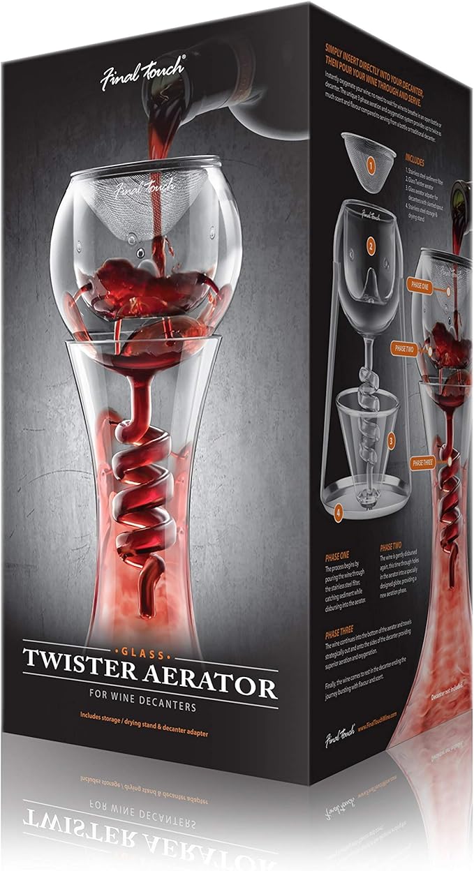 Final Touch Glass Twister Aerator Decanter - Wine Oxygenation System, 3 Phase Aeration, Stainless Steel Filter, Globe Design, Adapter & Stand (WDA918)