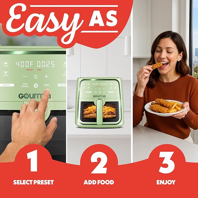 Gourmia 8 Qt Air Fryer, 8 Presets with Digital Display, FryForce 360° Technology, Easy View Window & Interior Light, Dishwasher Safe Basket, Green
