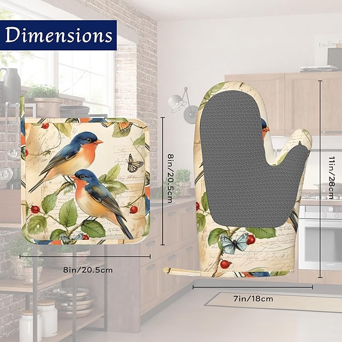 Vintage Bird Floral Potholders & Oven Mitts Sets Vermilion Bird Silicone Heat Resistant Oven Mits and Hot Pads Non-Slip Pot Holders Gloves for Kitchen Chef Cooking Baking Grilling BBQ