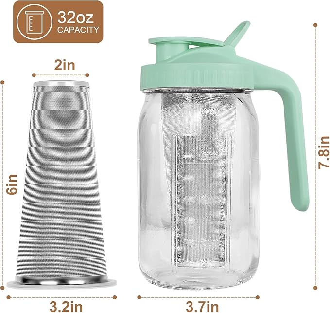 Cold Brew Coffee Maker,32 oz Mason Jar Pitcher with Stainless Steel Filter, Pour Spout Handle Lid, Heavy Duty Glass Airtight & Leak-Proof for Iced Coffee Tea Breastmilk Lemonade-Green