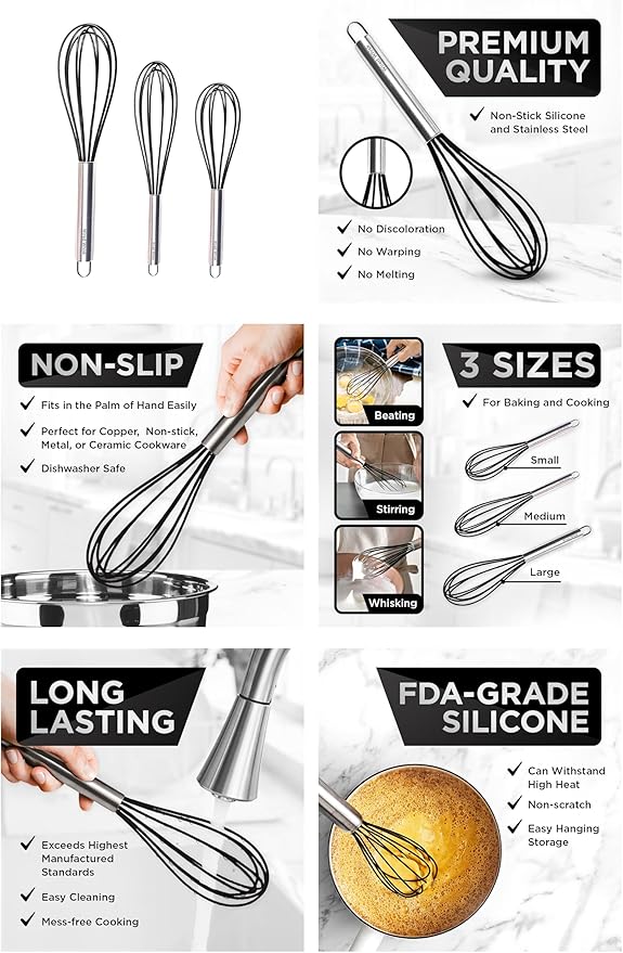 Silicone Whisk Set of 3 - Stainless Steel & Silicone Non-Stick Coating – wisking tool, Whisking, mini whisk, whisks for cooking (12-inch, 10-inch & 8.5-inch), egg whisk