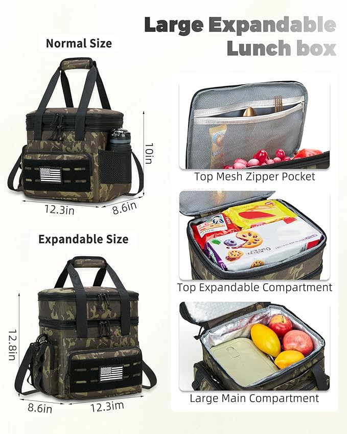 holuxer Tactical Lunch Bag & Lunch Box for Men - Large Double Deck Expandable Insulated Soft Adult Lunchbox for Work - Cooler Bag for Beach, Picnic, Camping,Outdoor，Travel (Camo,16L)