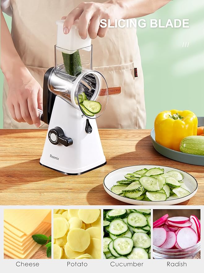 Rotary Cheese Grater with Handle, Reemix Vegetable Cheese Shredder Slicer Grater for Kitchen 3 Changeable Blades for Cheese Potato Zucchini Nuts Chocolate (White)