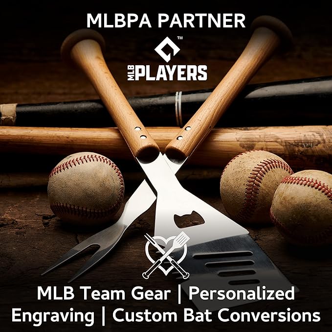 Baseball BBQ | 'Splitfinger' Grill Tongs | BBQ Grilling Accessories & Utensils for Baseball Fans | Patented Wooden Bat Handle & Quality Stainless Steel | Add to Set