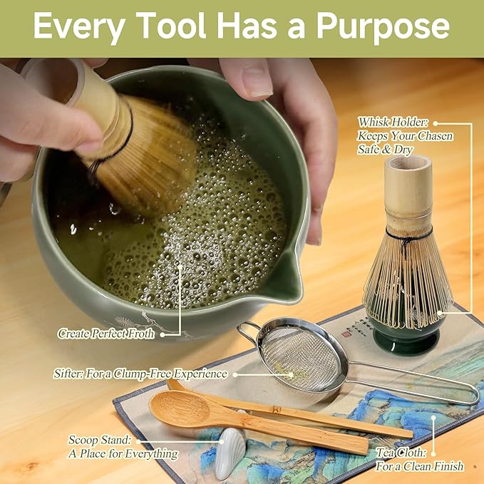 Matcha Whisk Set with Ceramic Bowl - Bamboo Whisk (Chasen), Scoop, Sifter & Holder - Complete Kit for Traditional Matcha Tea - Unique Gifts for Tea Lovers (Celadon Veil)