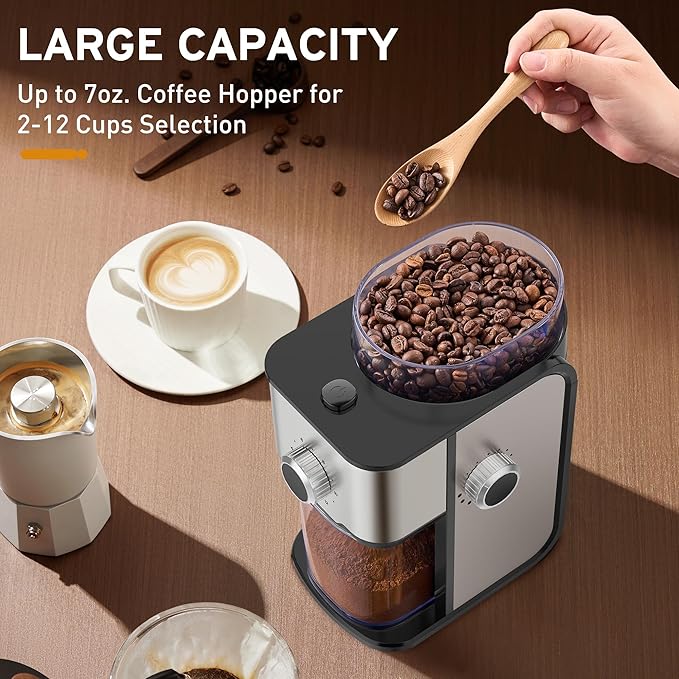 Ollygrin Flat Burr Coffee Grinder Electric, Adjustable Coffee Grinder for Home Use, Compact Coffee Beans Grinder with 14 Grind Settings, 2-12 Cups for Home & Office