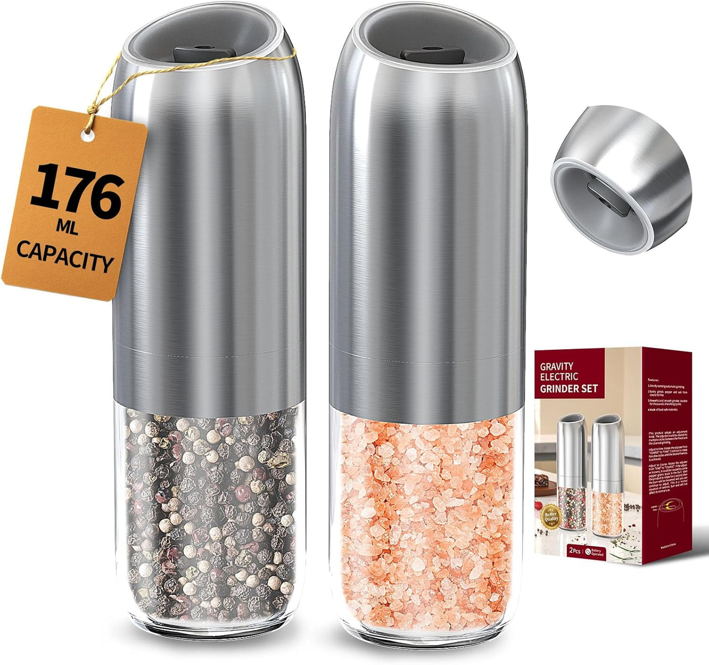 CIRCLE JOY Gravity Electric Salt and Pepper Grinder Set Battery Powered Stainless Steel Pepper Mill Grinder with 176ml Container, Adjustable Coarseness, Bright LED Light and One Hand Operation, Silver