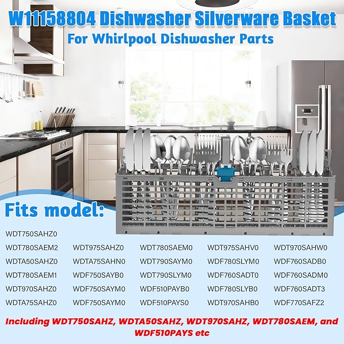 [2 PACK] UPGRADED W11158804 Dishwasher Silverware Basket Compatible with Whirlpool Dishwasher Utensil Basket Silverware Holder for Dishwasher Parts Cutlery Basket Caddy W10629540 WP8562061 W10350340