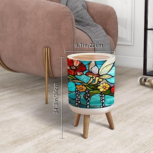 Trash Can with Lid Turquoise Backdrop Fairy Glass Dew Drops Press Top Round Small Garbage Bin with Wooden Legs Waste Basket for Kitchen Bedroom Nursery 7L/1.8 Gallon