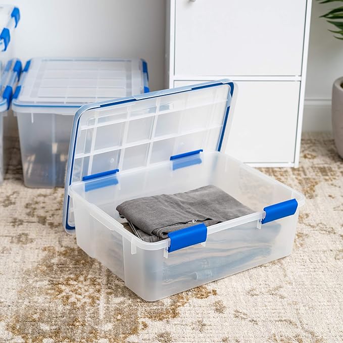IRIS USA WeatherPro 27 & 44 Qt Storage Bins with Lids, 4 Pack, BPA-Free Plastic Gasket Box with Tight Latch and Seal, Stackable Nestable Tote Tub - Clear/Blue