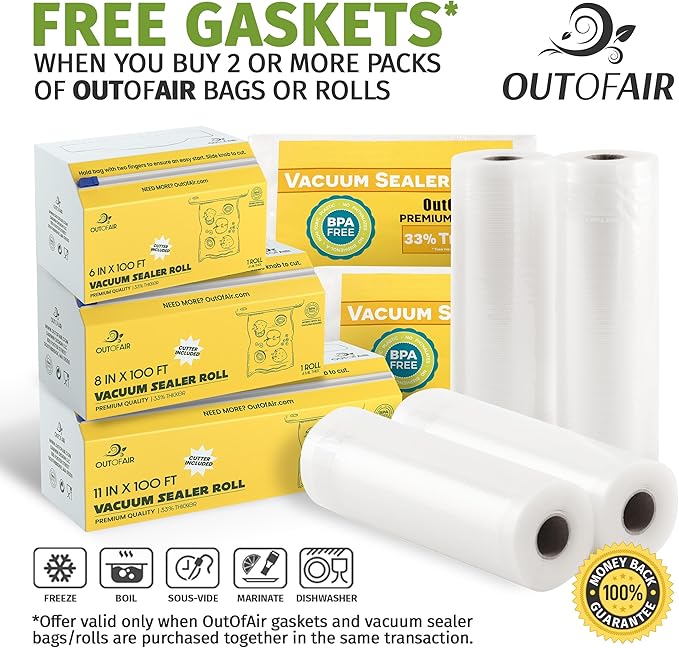 8" x 25' Rolls (Fits Inside Machine) - 4 Pack (100 feet total) OutOfAir Vacuum Sealer Rolls. Works with FoodSaver Vacuum Sealers. 33% Thicker, BPA Free, Sous Vide, Commercial Grade