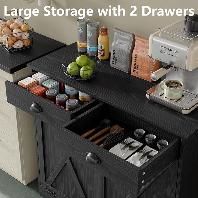 Furniouse Farmhouse Trash Can Cabinet, Double Tilt Out Trash Bin Cabinet with Barn Doors & Hideaway Drawers for Kitchen, All Black