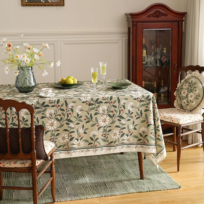 ISAENNE Designer Green Linen Long Rectangle Tablecloth,Floral French Country Indoor Table Cloth,Stain Resistant Home Decor Tablecloths for Dining Kitchen Thanksgiving Party,63"*94"-Brune