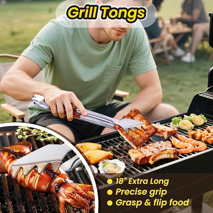 4PCS Grilling Accessories Rose Wooden BBQ Grilling Tools Set, Heavy Duty Stainless Steel Barbecue Grill Tools Kit with Spatula, Clips, Brushes, Forks for Outdoor Grill, BBQ Gift for Men and Women