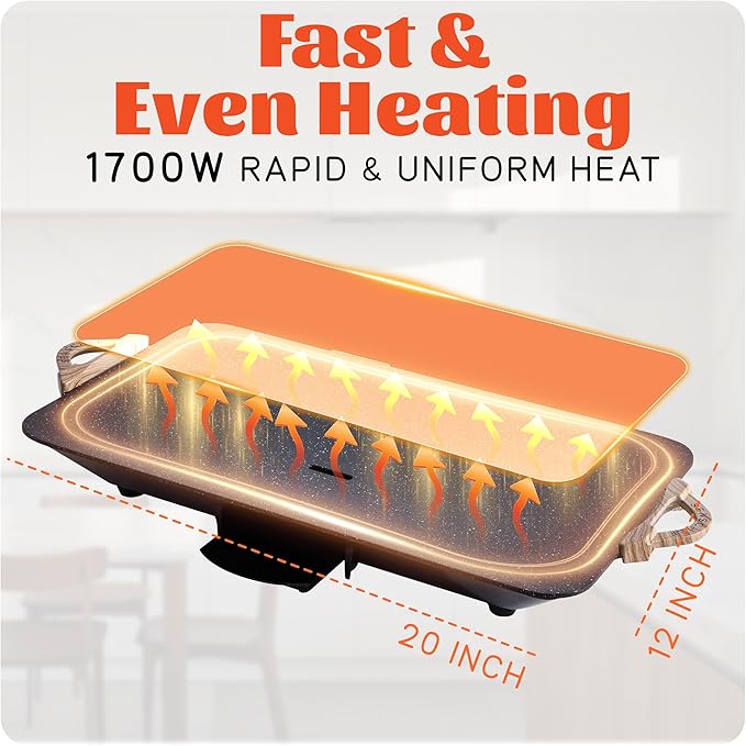 12x20inch Electric Griddle by BBQ Masters–1700W Nonstick ILAG Granite Surface, Large Sloped Design, Perfect for Family Meals, Pancakes&Eggs, Fast Even Heating, Easy to Clean, Granite Grey