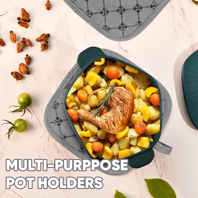 Oven Mitts Kitchen Towels Dishcloths with Pot Holders Sets 12PCS, Dish Towels Sets, Oven Gloves Pot Pads Heat Resistant 500 Degrees with Non-Slip Silicone Surface for Cooking Baking Grilling-Grey