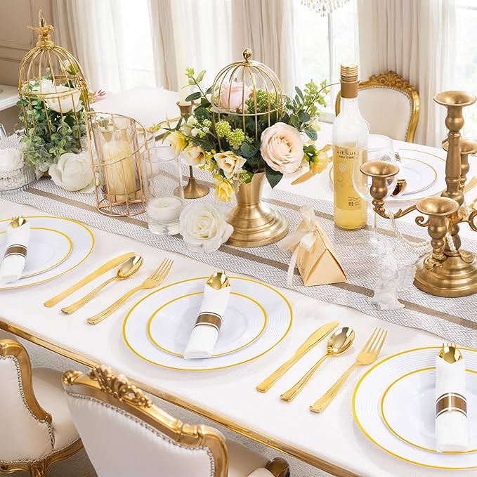 Liacere 100Pack Pre Rolled Gold Silverware and Napkin-Disposable Gold Plastic Utensils-Wrapped Plastic Cutlery Set with Napkin:100 Forks,100 Knives,100 Spoons,100 Napkins for Wedding&Thanksgiving