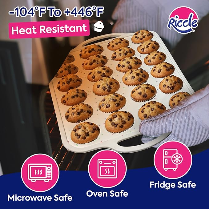 RICCLE 2 Pack Silicone Muffin Pans for Baking with Metal Reinforced Frame - Regular 12 Cup Silicone Muffin Pan & 24 Cup Mini Cupcake Pans - Silicone Cupcake Pan Set - Oven & Dishwasher Safe, BPA-Free