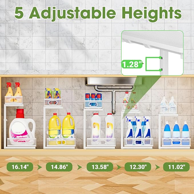 Under Sink Organizer 4-Pack, Metal 2-Tier Pull-Out Cabinet Shelf with Slide-Out Mesh Drawers, Height Adjustable, Space-Saving Storage Racks for Kitchen, Bathroom, Laundry Room, White