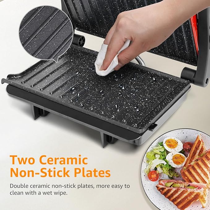 Panini Press Grill, Aigostar 1000W Sandwich Maker with Ceramic Non-stick Plates, Opens 180 Degrees for Any Size Food, 3-in-1 Sandwich Press Electric Grill, Drip Spout & Locking Lid, Red