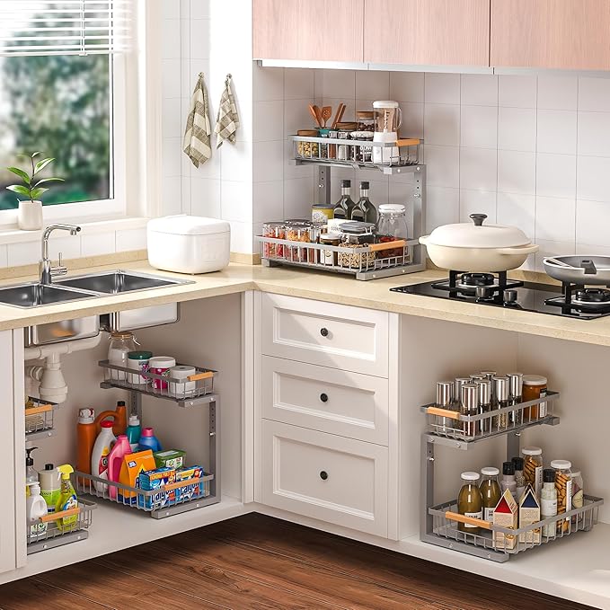 Liuoud Under Sink Organizer 2 Pack, 2 Tier Slide Out Large Capacity Height Adjustable Under Sink Organizers and Storage for Kitchen Bathroom Cabinet, Grey