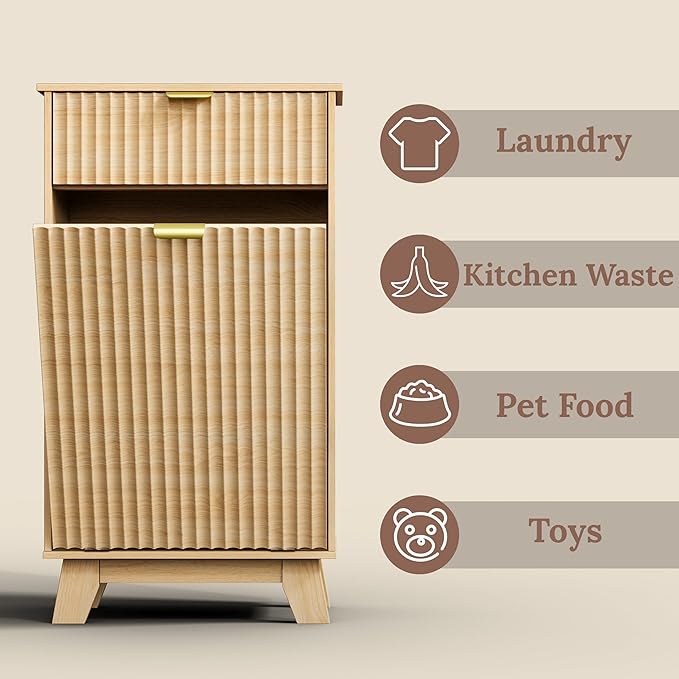 Modern Tilt Out Laundry Hamper Cabinet, 10 Gallon Wooden Trash Can Cabinet with Storage Drawer, Hidden Fluted Bathroom Storage Cabinet for Kitchen, Living Room (Natural Wood, 20.47"W x 35.83"H x 13"D)